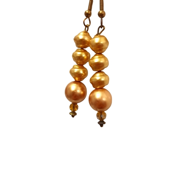 Gold Pearls 1.5" Dangle Earrings Faux REALISTIC Elegant w Svorovswky Crystals - Picture 1 of 10